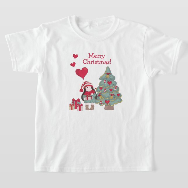 T-shirt Joyeux Noël - Arbre décoré et Fille (Poser)