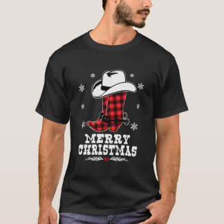 T-shirt Joyeux Noël Bottes Cowboy Rouge Buffalo Plaid Xma