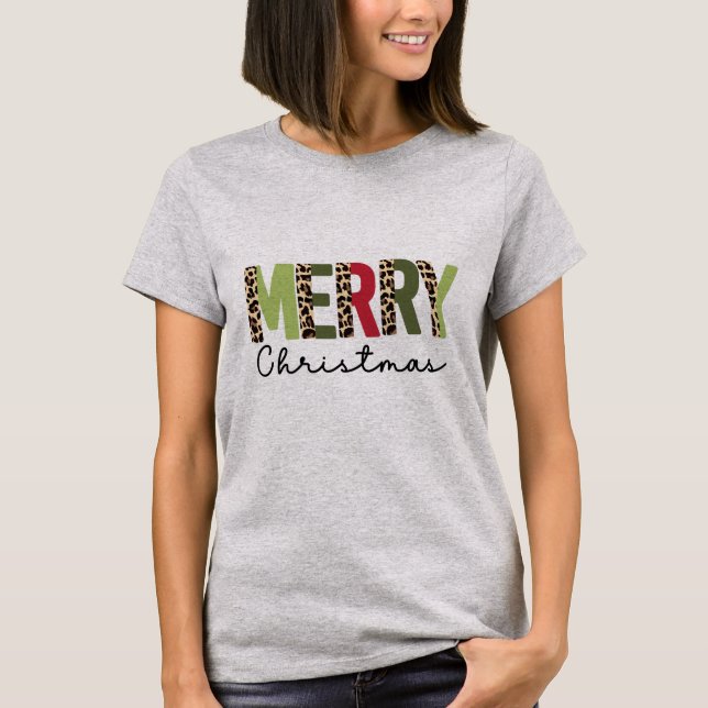 T-shirt "Joyeux Noël" Couleur moderne bloquée Leopard (Devant)