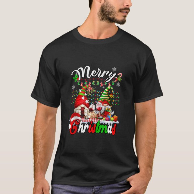 T-shirt Joyeux Noël Gnomes Vin Verre Famille Plaid Xma (Devant)