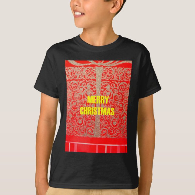 T-shirt Joyeux Noël Golden Red Parties scintillant Hearts  (Devant)