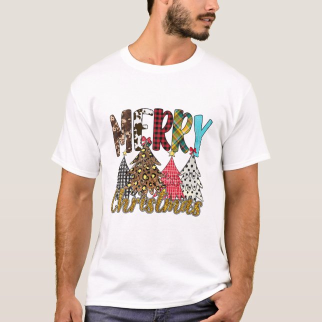 T-shirt Joyeux Noël Leopard Buffalo Plaid Xmas Tree (Devant)