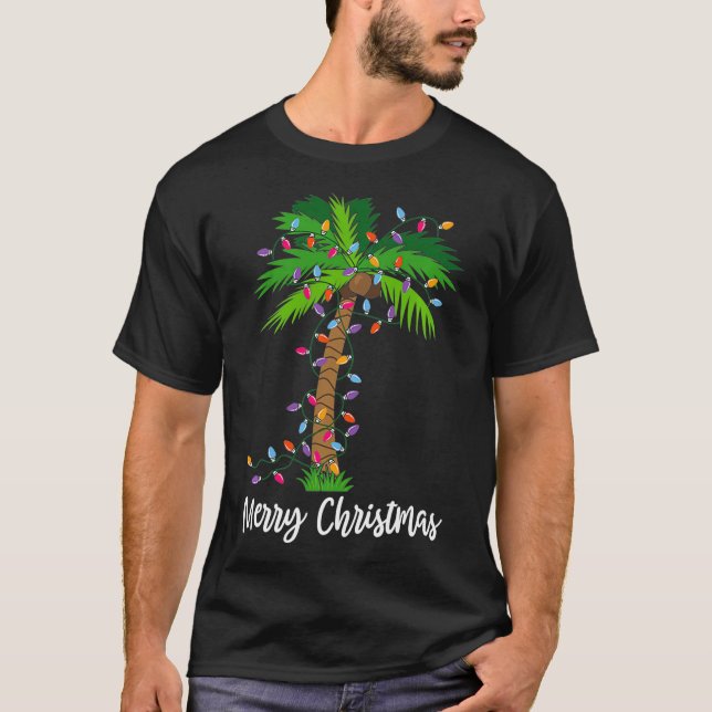 T-shirt Joyeux Noël Lumières Palm Tree Beach Noël Pyjama (Devant)