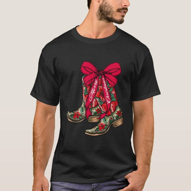 T-shirt Joyeux Noël Noël Noël Bottes Cowboy Coquette Bow P (Devant)