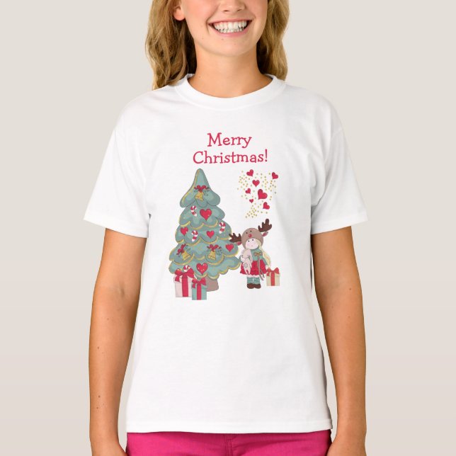 T-shirt Joyeux Noël - Petite Fille mignonne, Arbre, Présen (Devant)