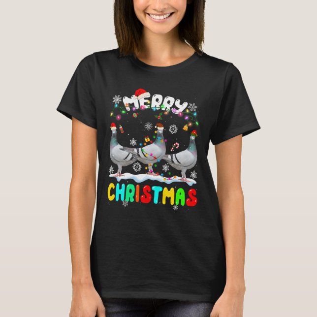 T-shirt Joyeux Noël Pigeon Lover Santa Hat Noël Lumières (Devant)