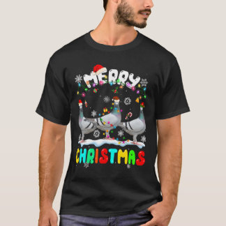 T-shirt Joyeux Noël Pigeon Lover Santa Hat Noël Lumières