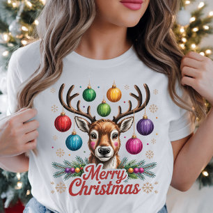 T-shirt Joyeux Noël Reindeer baubles colorés Vacances