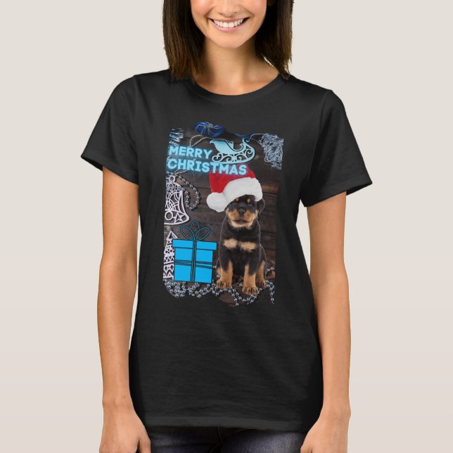 T-shirt Joyeux Noël Rottweiler Puppy avec présent (Devant)