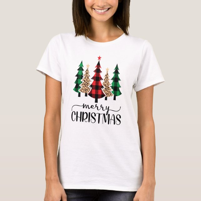 T-shirt Joyeux Noël Rouge Vert et Noir Plaid Arbres (Devant)