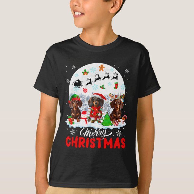 T-shirt Joyeux Noël trois Père Noël Elf Reindeer Dachshund (Devant)