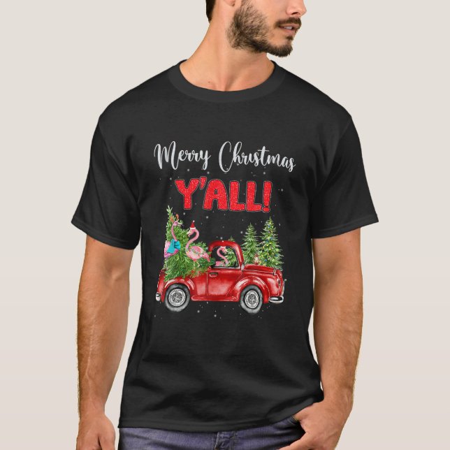 T-shirt Joyeux Noël Y’All Xmas Flamant rose Red Plai (Devant)