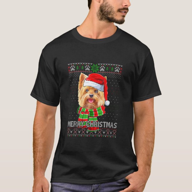 T-shirt Joyeux Noël Yorkie Casquette Père Noël Scarf Ugly  (Devant)