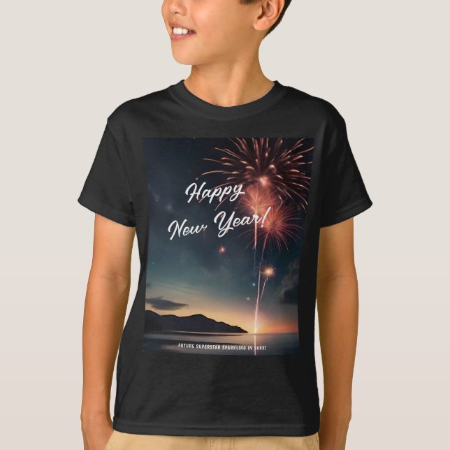 T-shirt Joyeux Nouvel An Fireworks Script Typographie Enfa (Devant)