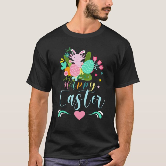 T-shirt Joyeux Pâques mignon lapin Axolotl Oeufs Panier Ho (Devant)