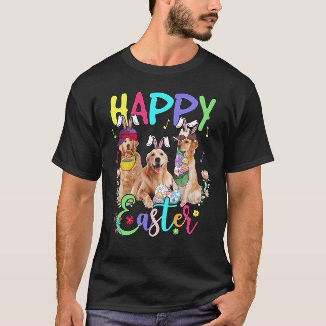 T-shirt Joyeux Pâques Trois Golden Retriever portant Bunny (Devant)