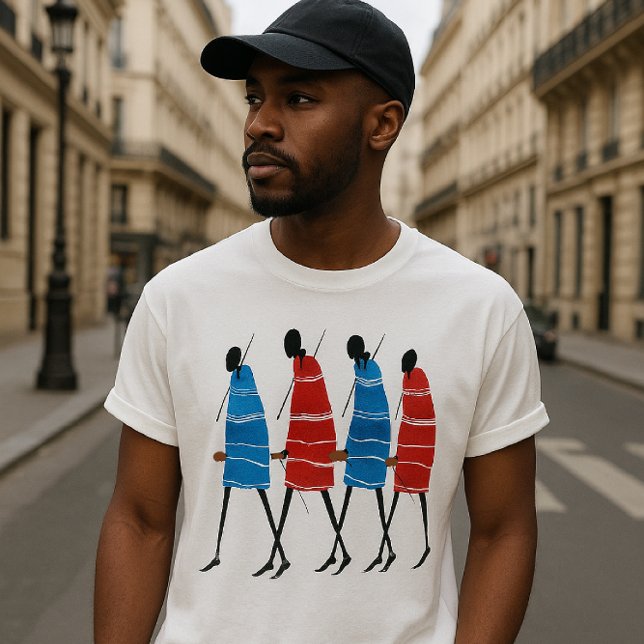 T-shirt Joyeux peuple Massaï Guerriers Marcher Art Imprime (Bold Maasai artistry meets Parisian street style in this striking cultural fashion moment)