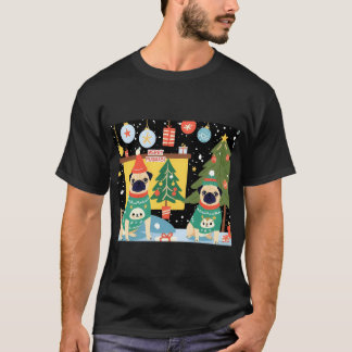 T-SHIRT JOYEUX PUGMAS CHIENS DE NOËL ÉCHARPES SCÈNE FESTIV
