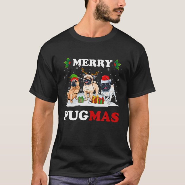 T-shirt Joyeux Pugmas Père Noël Elf Reindeer Carlin Chiens (Devant)