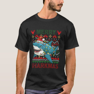 T-shirt Joyeux Sharkmas laids Noël Shark Lights Père Noël 