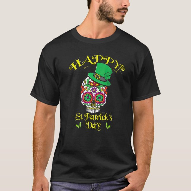 T-shirt Joyeux St Patrick's Day Sugar Skull Lucky Shamrock (Devant)