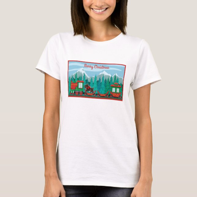 T-shirt Joyeux train de Noël avec chien (Devant)