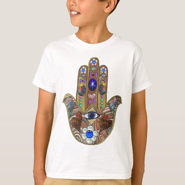T-shirt Judaica Hamsa Coeurs Fleurs Opal Art Imprimer (Devant)