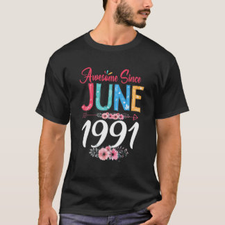 T-shirt Juin Fille 1991 Floral 30E Anniversaire Cadeau 30