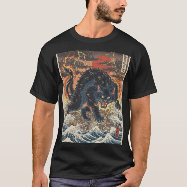 T-shirt Kaiju à pointes au-dessus de l'océan tempétueux (Devant)
