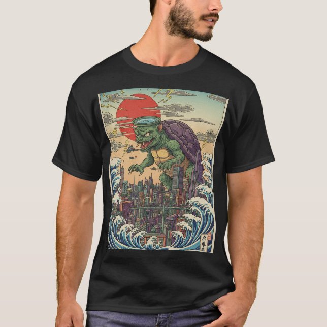 T-shirt Kaiju Turtle Over Tokyo Sunset (Devant)