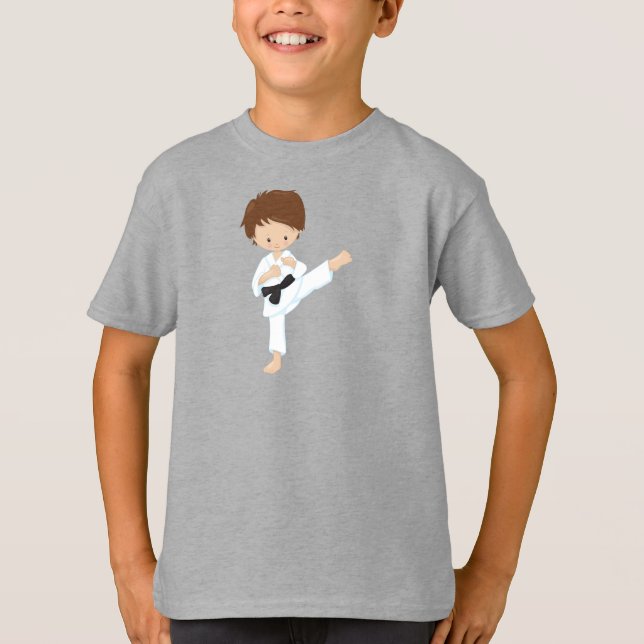 T-shirt Karate Boy, Joli Garçon, Cheveux Brown, Ceinture n (Devant)