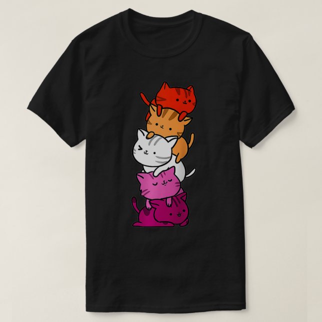 T-shirt Kawaii Cat Pile Orange Pink Lesbian Pride  (Design devant)