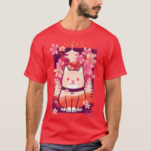 T-shirt Kawaii Chat Cerise Blossom Anime Kitten Sakura