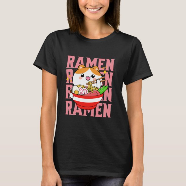 T-shirt Kawaii Chat manger Ramen (Devant)
