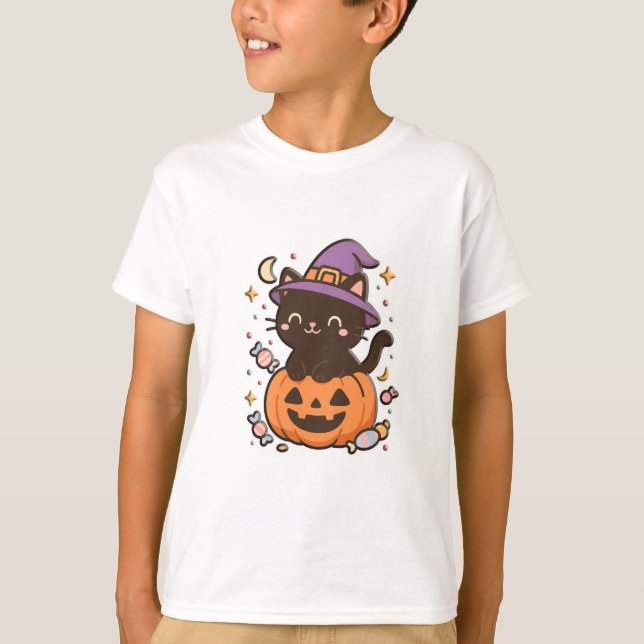 T-shirt Kawaii Chat noir sur Citrouille - Mignonne T-Shi H (Devant)