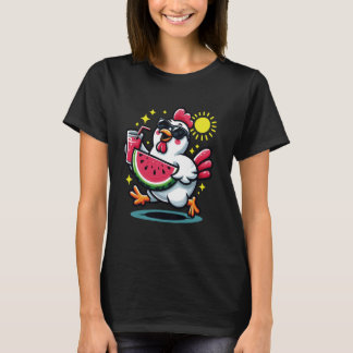 T-shirt Kawaii Chicken Eating Watermelon Fruit Lovers Summ