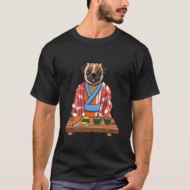 T-shirt Kawaii Chien japonais Carlin Kimono Sushi (Devant)