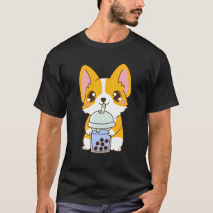T-shirt Kawaii Cute Boba Corgi Chien Blue Buble Milk Tea