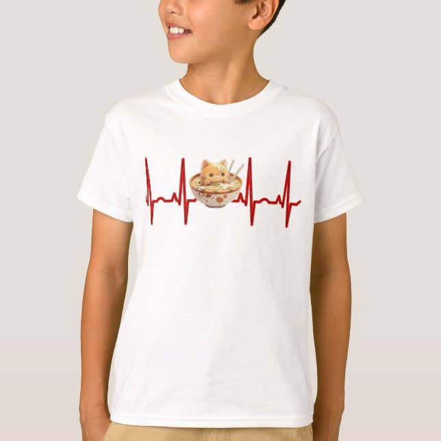 T-shirt Kawaii Cute Kitten Ramen EKG Heartbeat Otaku Anime (Devant)