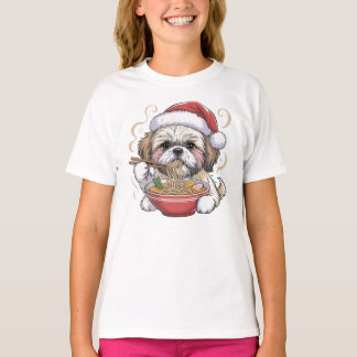 T-shirt Kawaii Cute Santa Shih Tzu Eating Ramen