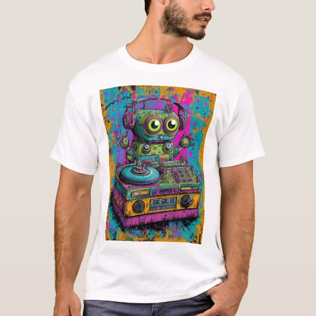 T-shirt Kawaii DJ Robot — Neon Splatter Turntable Art (Devant)
