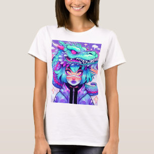 T-shirt Kawaii Dragon Headdress Girl dans le ciel Vaporwav