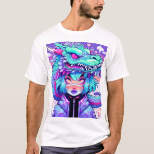 T-shirt Kawaii Dragon Headdress Girl dans le ciel Vaporwav