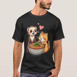 T-shirt Kawaii Ferret Et Chat Manger Ramen Cute Japonaise