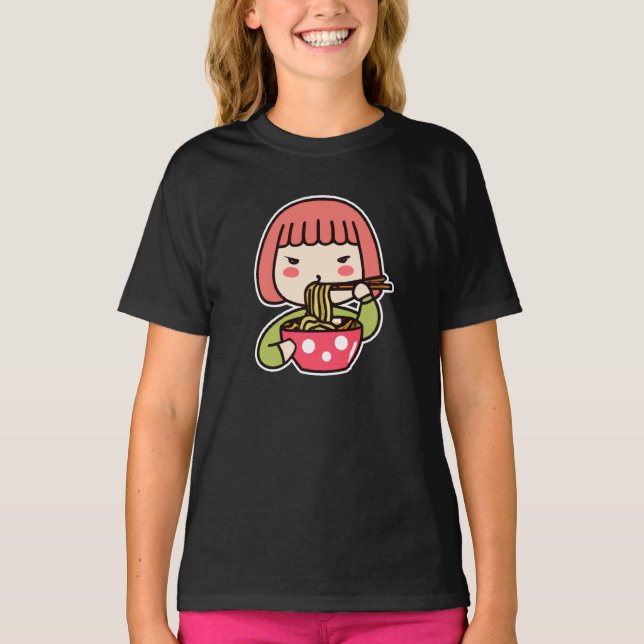 T-shirt Kawaii Fille manger Ramen (Devant)