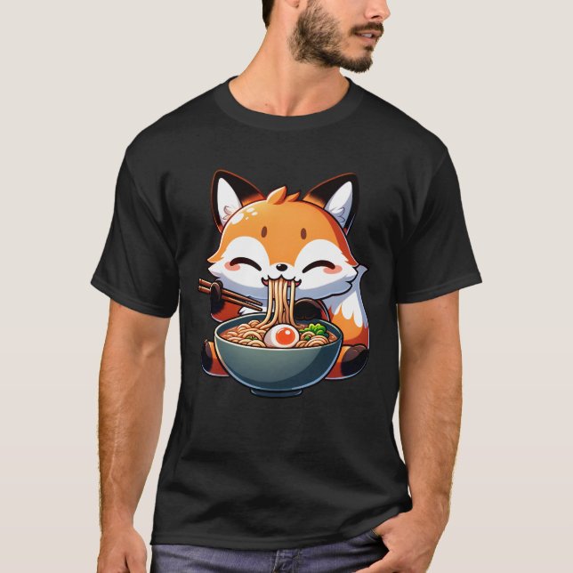 T-shirt Kawaii Fox Manger Ramen Noodle Anime Japonais (Devant)