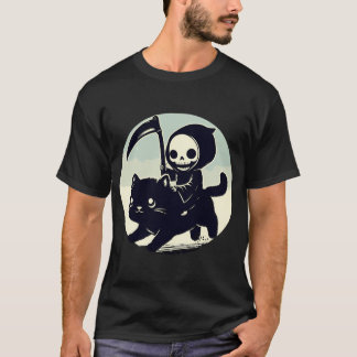 T-shirt Kawaii Grim Reaper Riding Sur Chat Noir