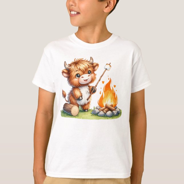 T-shirt Kawaii Highland Cow Roasting Marshmallows Camping (Devant)