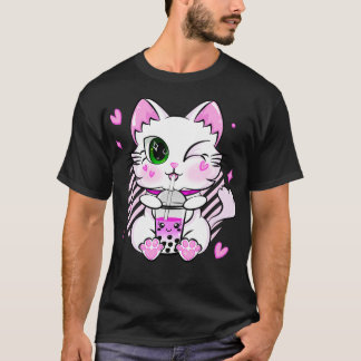 T-shirt Kawaii Neko Chat Tapioca rose Boba Kitty Bubble Te