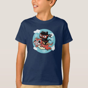 T-shirt Kawaii Ninja Chat à cheval sur un Dragon Rouge